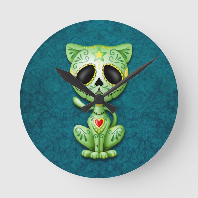 Green Zombie Sugar Kitten Round Clock (Front)