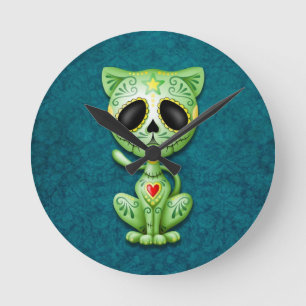Green Zombie Sugar Kitten Round Clock