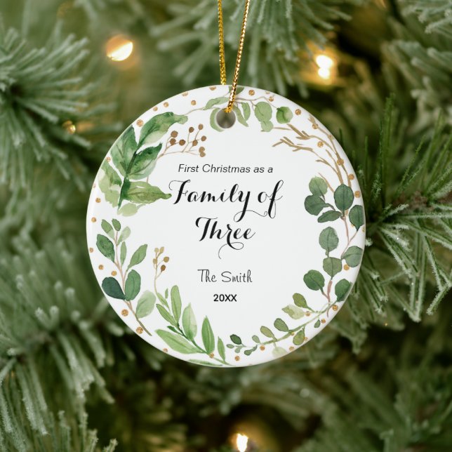 Greenary First Christmas as a Family of Three Ceramic Ornament (Tree)