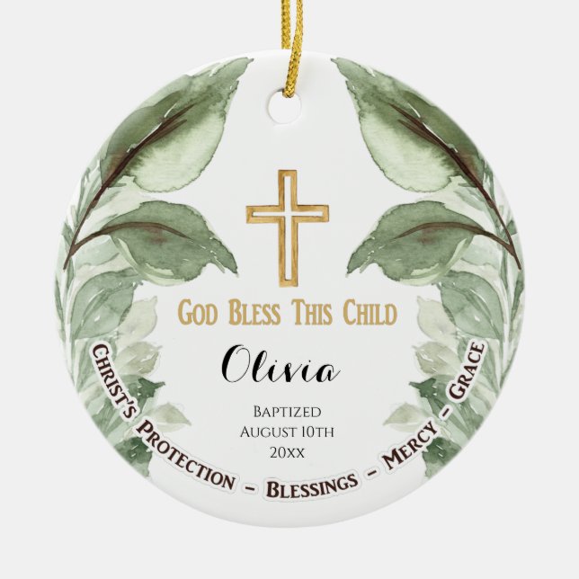 Greenary Personalized Christening Baptism  Ceramic Ornament (Front)