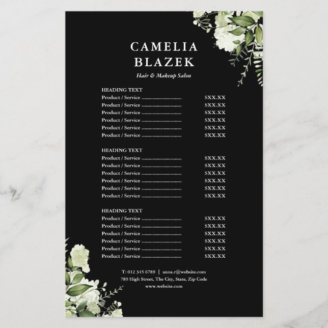 Greenery 2 Sided Black Service Menu Price List (Front)
