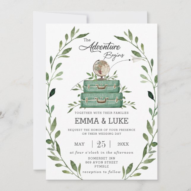 Greenery Adventure Wedding Suitcase Travel Voyage Invitation (Front)