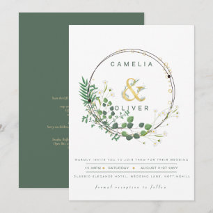 Greenery All-in1 Green Gold Wreath QR Code Wedding Invitation