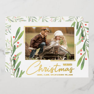 Greenery and Berries Christmas Photo Foil Holiday Card