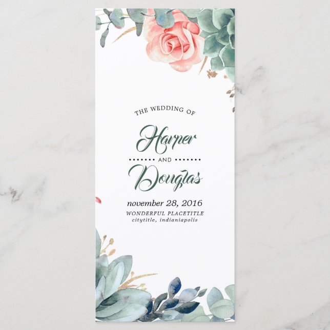 Greenery and Blush Pink Flower Wedding Programs (Front)