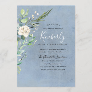 Greenery and Dusty Blue Elegant Baby Shower Invitation