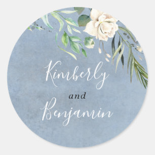 Greenery and Dusty Blue Elegant Wedding Classic Round Sticker