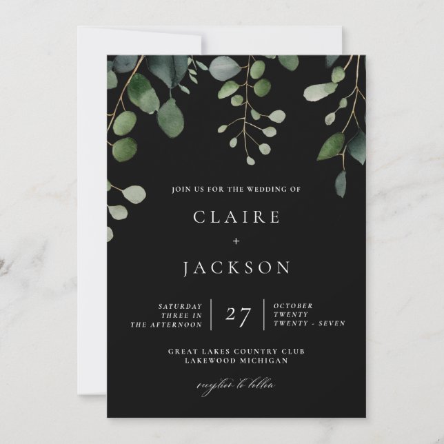 Greenery and Eucalyptus Modern Wedding Black Invitation (Front)
