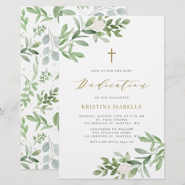 Greenery and Florals Baby Dedication Invitation (Front/Back)