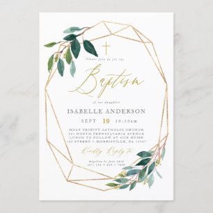 Greenery and geometric frame baptism invitation
