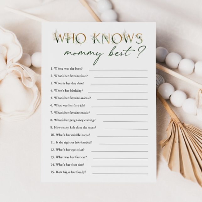 Greenery and Gold Baby Shower Who Knows Mommy Card (Creator Uploaded)