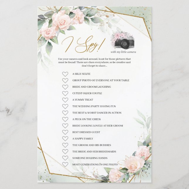 Greenery and gold blush flowers I Spy game (Front)