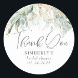 Greenery and Gold Boho Watercolor Leaves Thank You Classic Round Sticker<br><div class="desc">Eucalyptus greenery stickers</div>