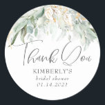 Greenery and Gold Boho Watercolor Leaves Thank You Classic Round Sticker<br><div class="desc">Eucalyptus greenery stickers</div>