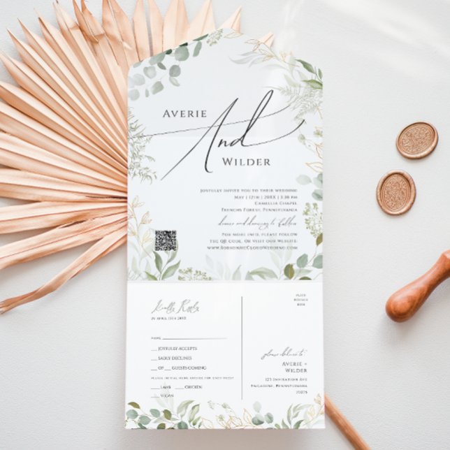 Greenery And Gold Casual QR Code Seal and Send All In One Invitation (Creator Uploaded)