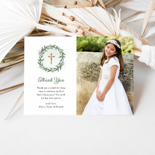 Greenery and Gold Cross   Photo First Communion Thank You Card