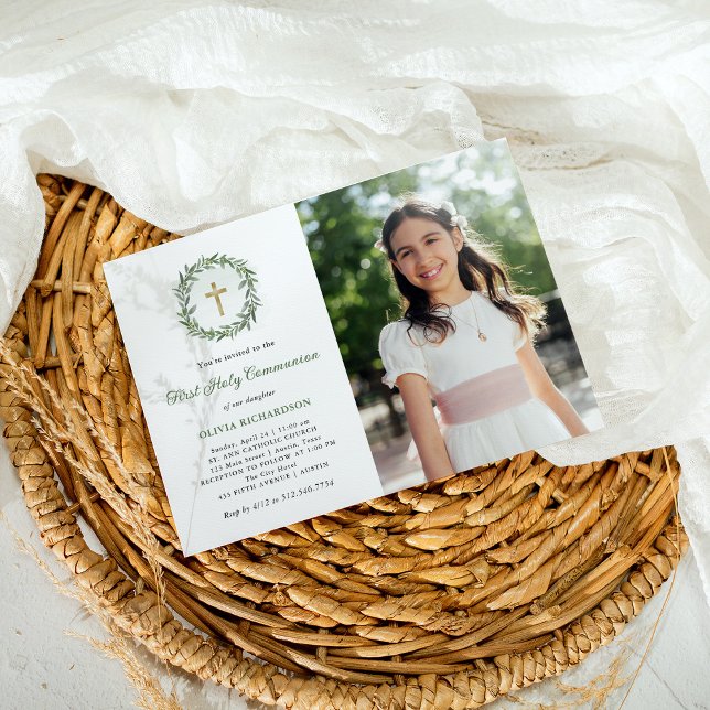 Greenery and Gold Cross Photo First Holy Communion Invitation (Creator Uploaded)