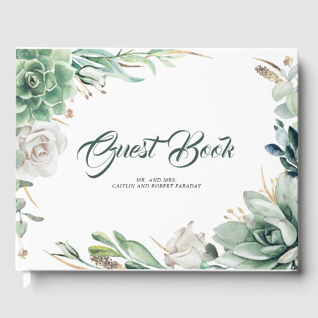 Greenery and Gold Elegant Botanical Wedding Guest Book (Front)