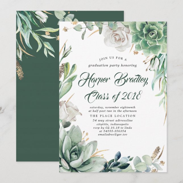 Greenery and Gold | Elegant Graduation Party Invitation (Front/Back)