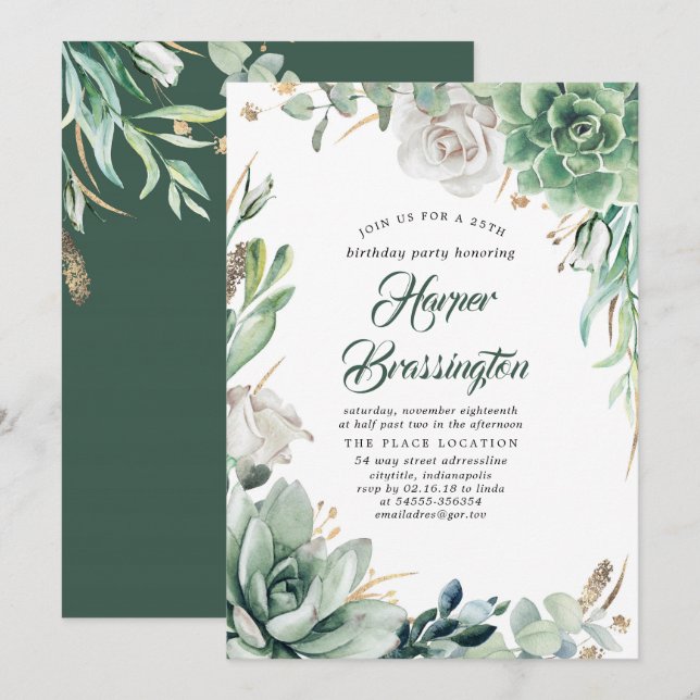 Greenery and Gold | Elegant Summer Birthday Party Invitation (Front/Back)
