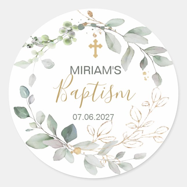 Greenery and gold foliage Baptism Classic Round Sticker (Front)