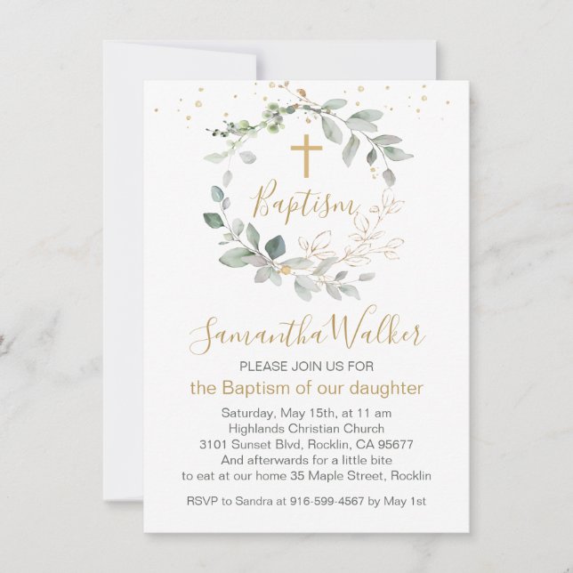 Greenery and gold foliage Baptism Invitation (Front)