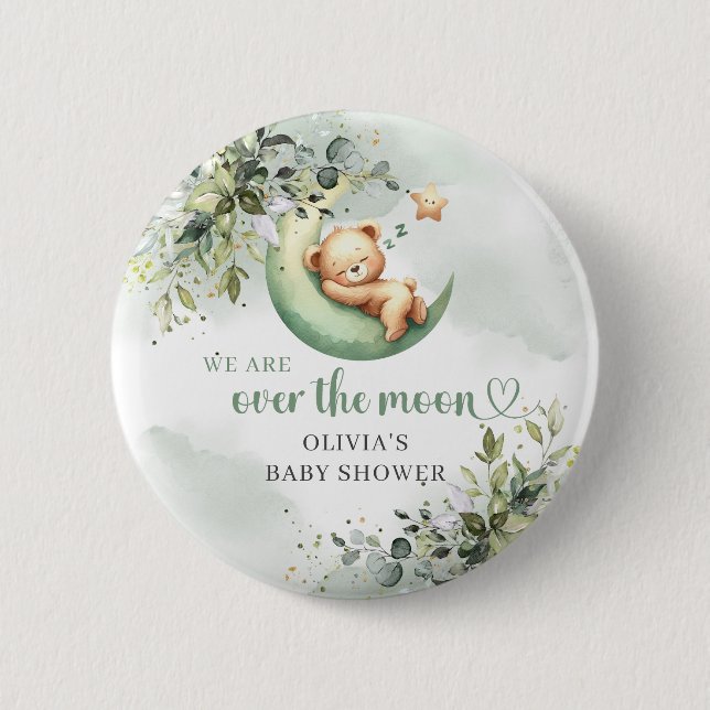 Greenery and gold gender neutral over the moon 2 inch round button (Front)