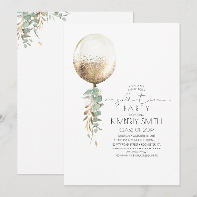 Greenery and Gold Glitter Balloon Graduation Invitation (Front/Back)