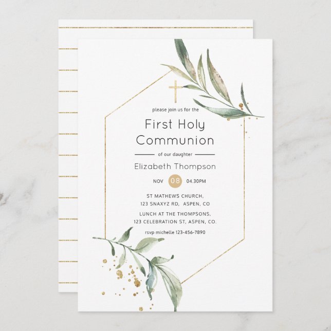 Greenery and Gold Glitter Geometric Holy Communion Invitation (Front/Back)