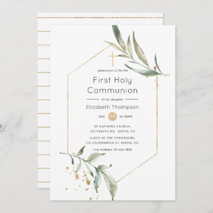 Greenery and Gold Glitter Geometric Holy Communion Invitation