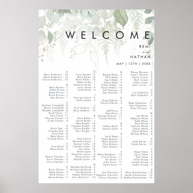 Greenery and Gold Leaf Alphabetical Seating Poster (Front)