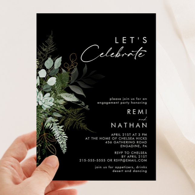 Greenery and Gold Leaf | Black Let's Celebrate Invitation (Creator Uploaded)