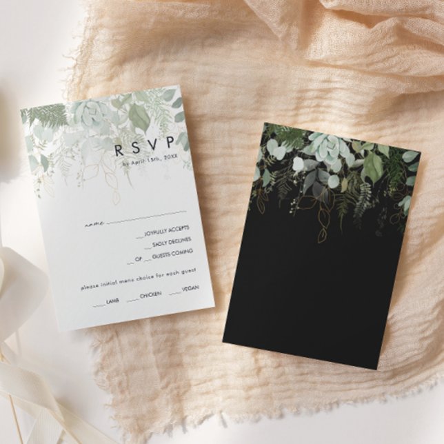 Greenery and Gold Leaf Black Menu Choice RSVP Card (Creator Uploaded)