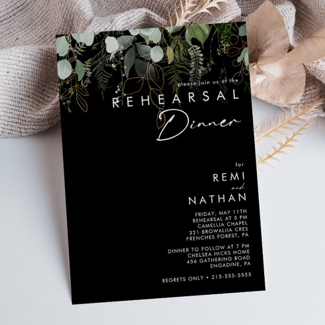 Greenery and Gold Leaf | Black Rehearsal Dinner Invitation (Creator Uploaded)