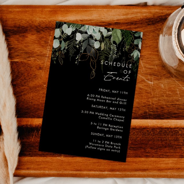 Greenery and Gold Leaf | Black Schedule of Events Enclosure Card (Creator Uploaded)