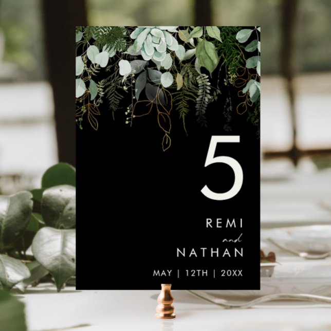 Greenery and Gold Leaf | Black Table Number (Creator Uploaded)