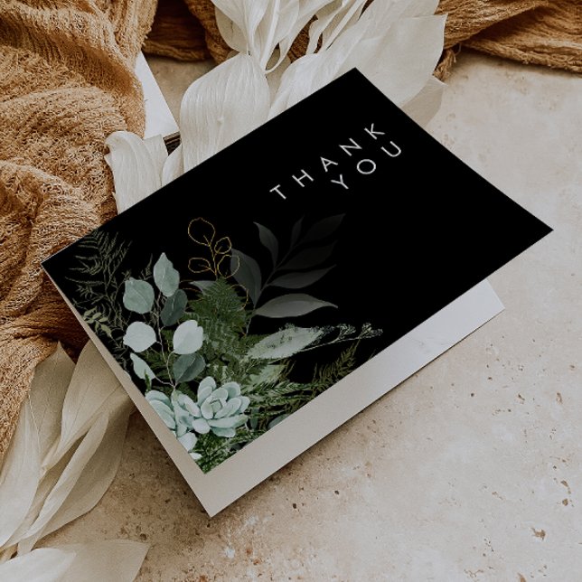 Greenery and Gold Leaf | Black Thank You Card (Creator Uploaded)