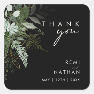 Greenery and Gold Leaf   Black Thank You Sticker