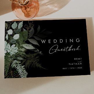 Greenery and Gold Leaf | Black Wedding Guest Book