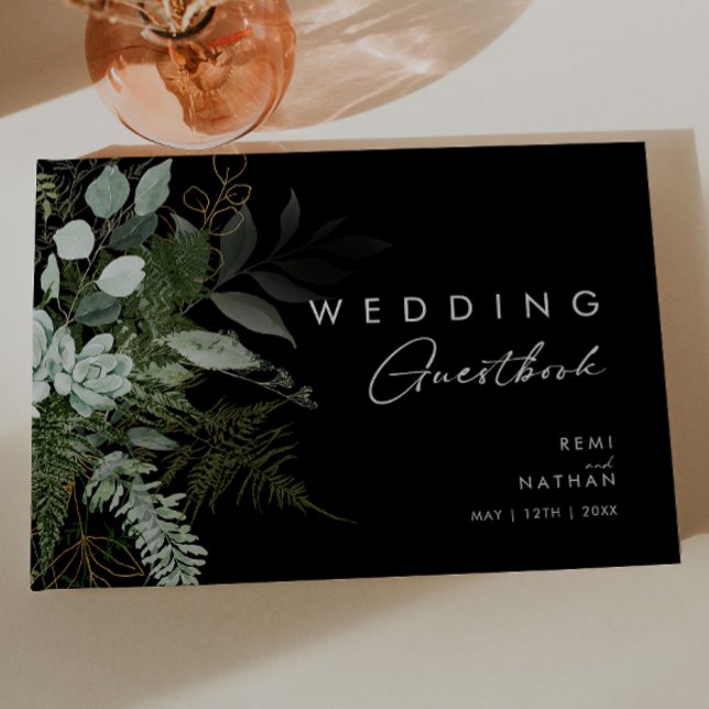 Greenery and Gold Leaf | Black Wedding Guest Book (Creator Uploaded)