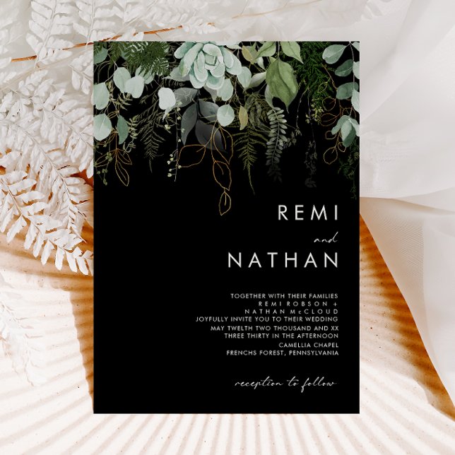 Greenery and Gold Leaf | Black Wedding Invitation (Creator Uploaded)