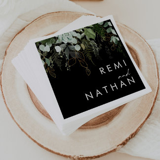 Greenery and Gold Leaf | Black Wedding Napkin