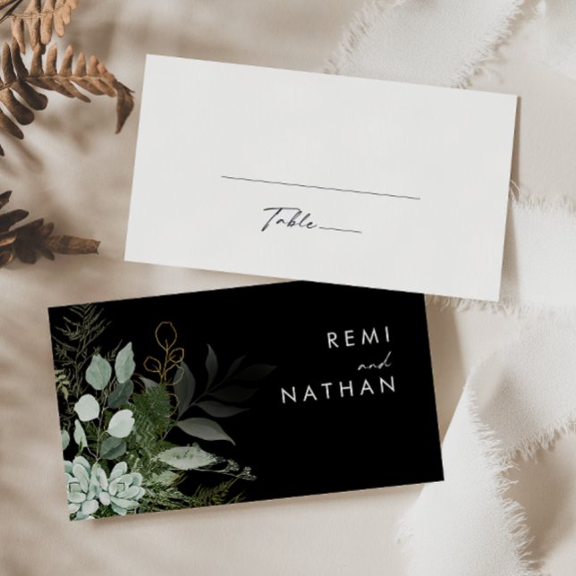 Greenery and Gold Leaf | Black Wedding Place Card (Creator Uploaded)