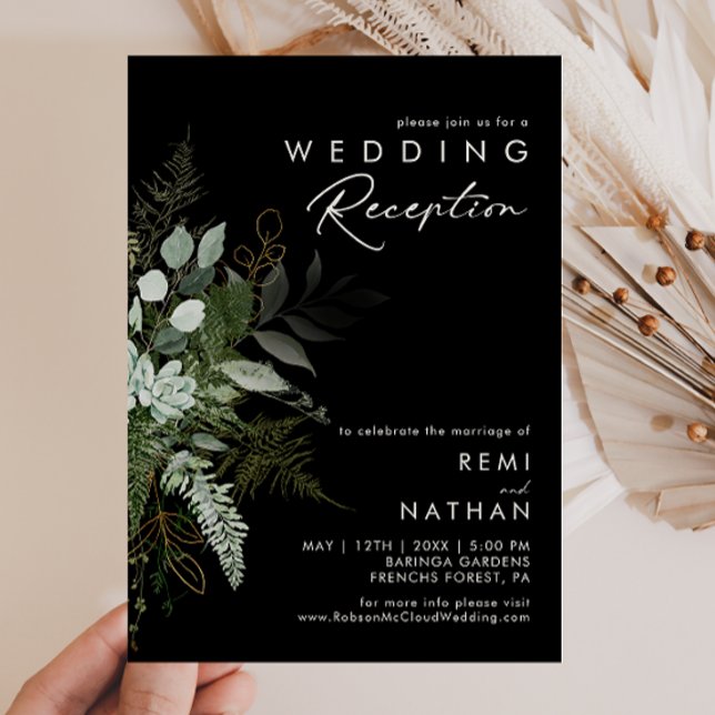 Greenery and Gold Leaf | Black Wedding Reception Invitation (Creator Uploaded)