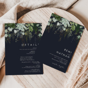 Greenery and Gold Leaf   Dark Navy All In One Invitation