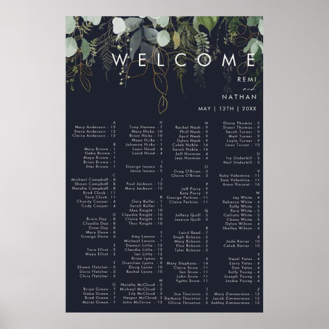 Greenery and Gold Leaf | Dark Navy Alphabetical Poster (Front)