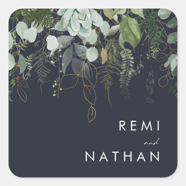 Greenery and Gold Leaf | Dark Navy Envelope Seals  (Front)