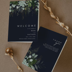 Greenery and Gold Leaf   Dark Navy Folded Wedding Program