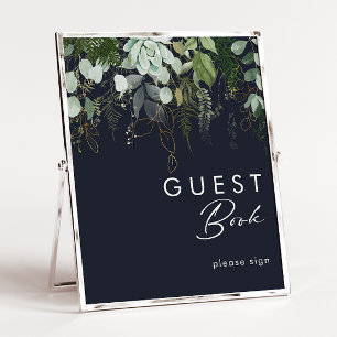 Greenery and Gold Leaf   Dark Navy Guest Book Sign