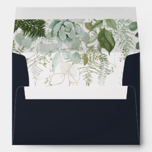 Greenery and Gold Leaf Dark Navy Invitation Envelope